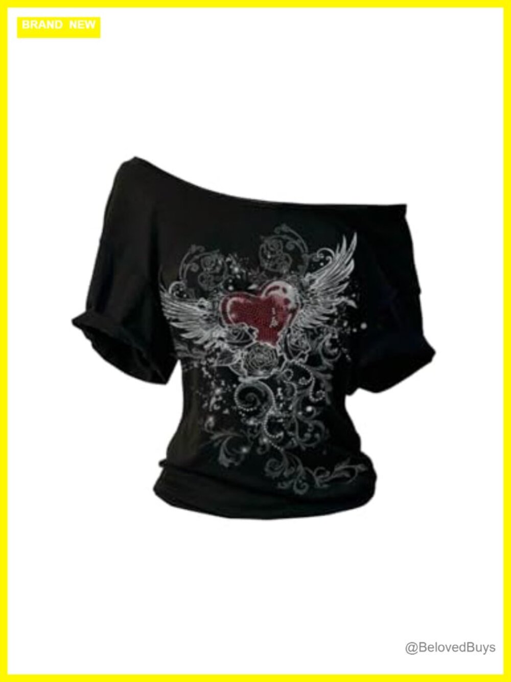 Goth Graphic Off Shoulder Tee Asymmetrical Neck Short Sleeve Y2k Top